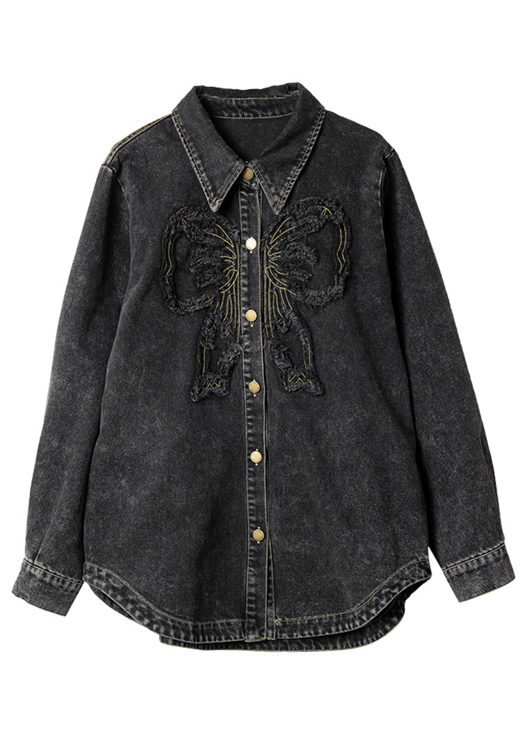 Casual Black Peter Pan Collar Patchwork Button Denim Coats Spring