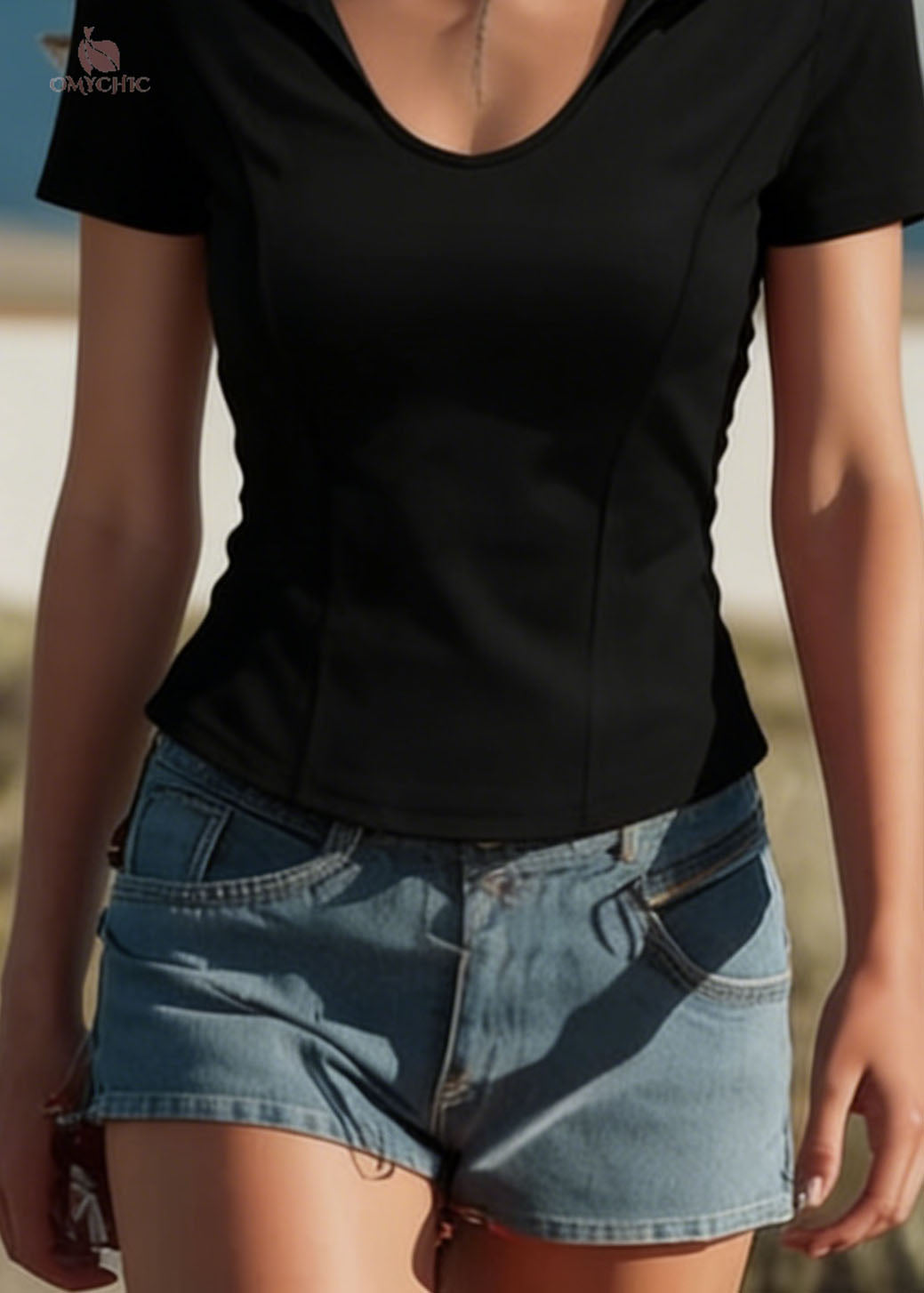 Casual Black Peter Pan Collar Patchwork Cotton Top Summer