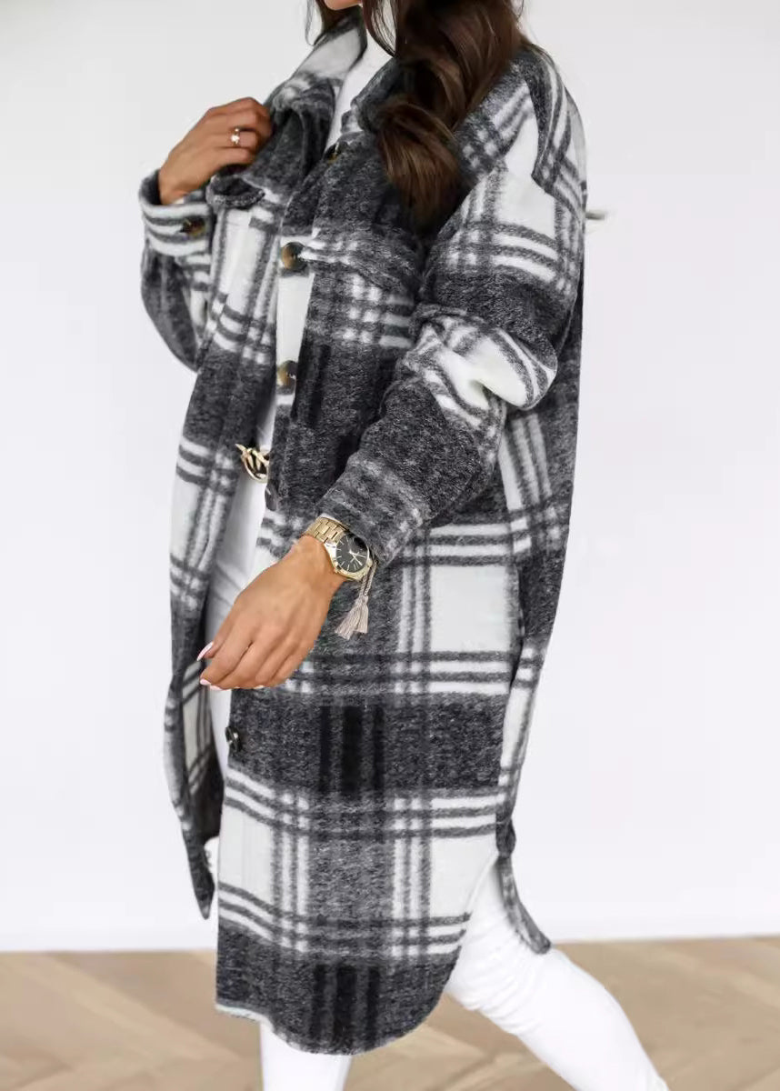 Casual Black Peter Pan Collar Plaid Woolen Shirts Coat Spring