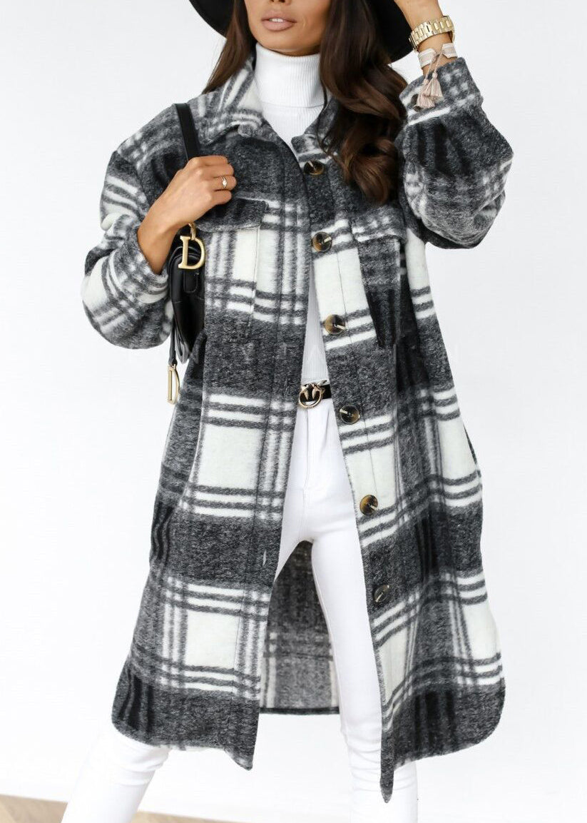 Casual Black Peter Pan Collar Plaid Woolen Shirts Coat Spring