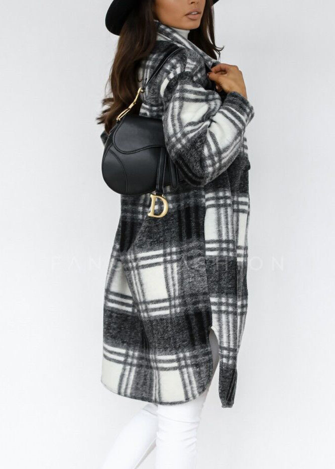 Casual Black Peter Pan Collar Plaid Woolen Shirts Coat Spring