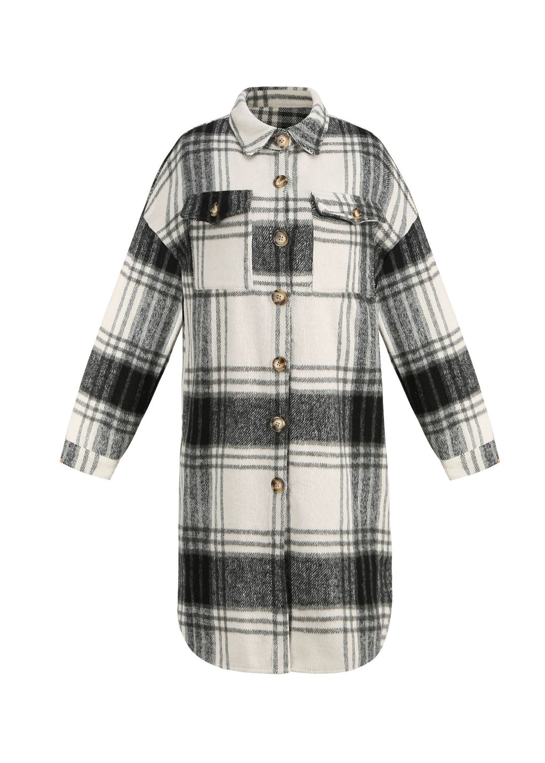 Casual Black Peter Pan Collar Plaid Woolen Shirts Coat Spring