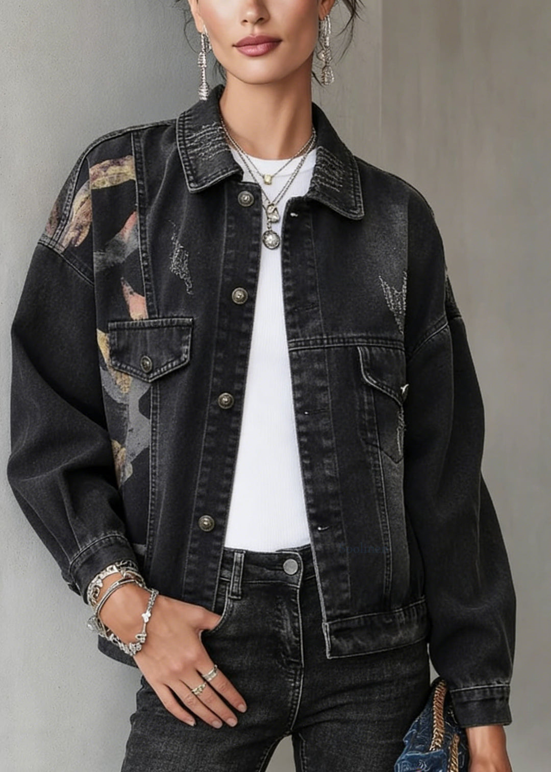 Casual Black Peter Pan Collar Pockets Print Denim Jackets Spring