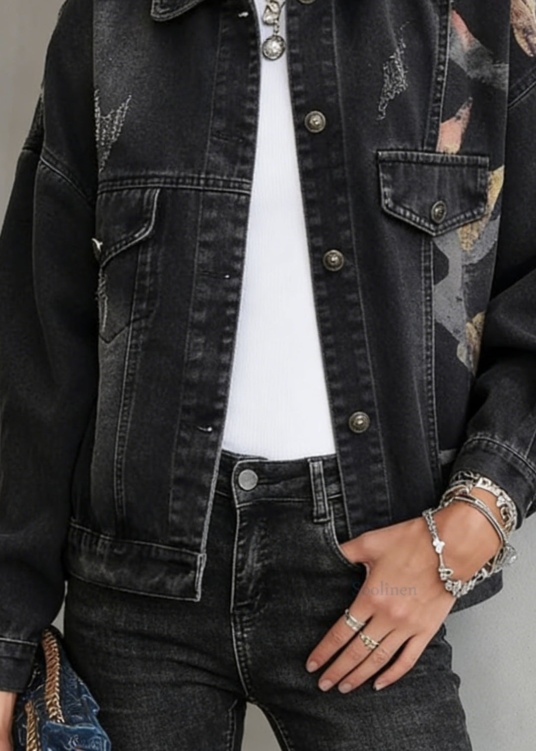 Casual Black Peter Pan Collar Pockets Print Denim Jackets Spring
