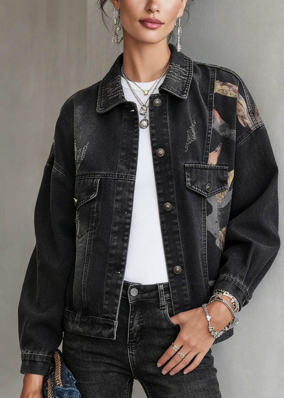 Casual Black Peter Pan Collar Pockets Print Denim Jackets Spring