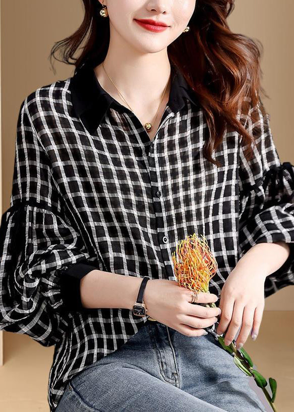 Casual Black Plaid Patchwork Button Shirt Long Sleeve