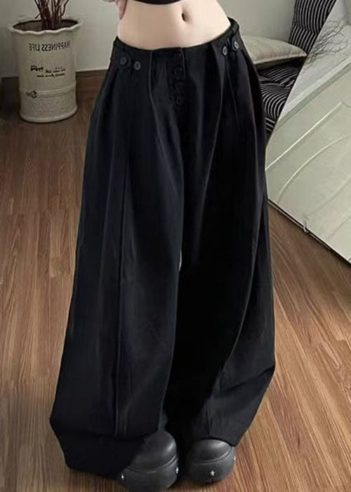 Casual Black Pockets Button Cotton Pants Summer