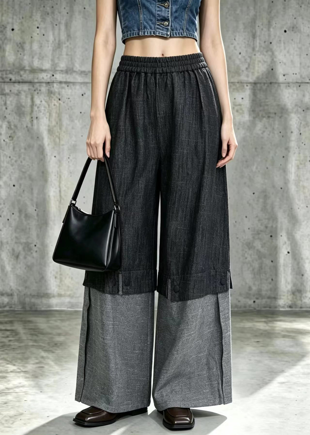 Casual Black Pockets Color Block Patchwork Elastic Waist Denim Wide Leg Pants Fall