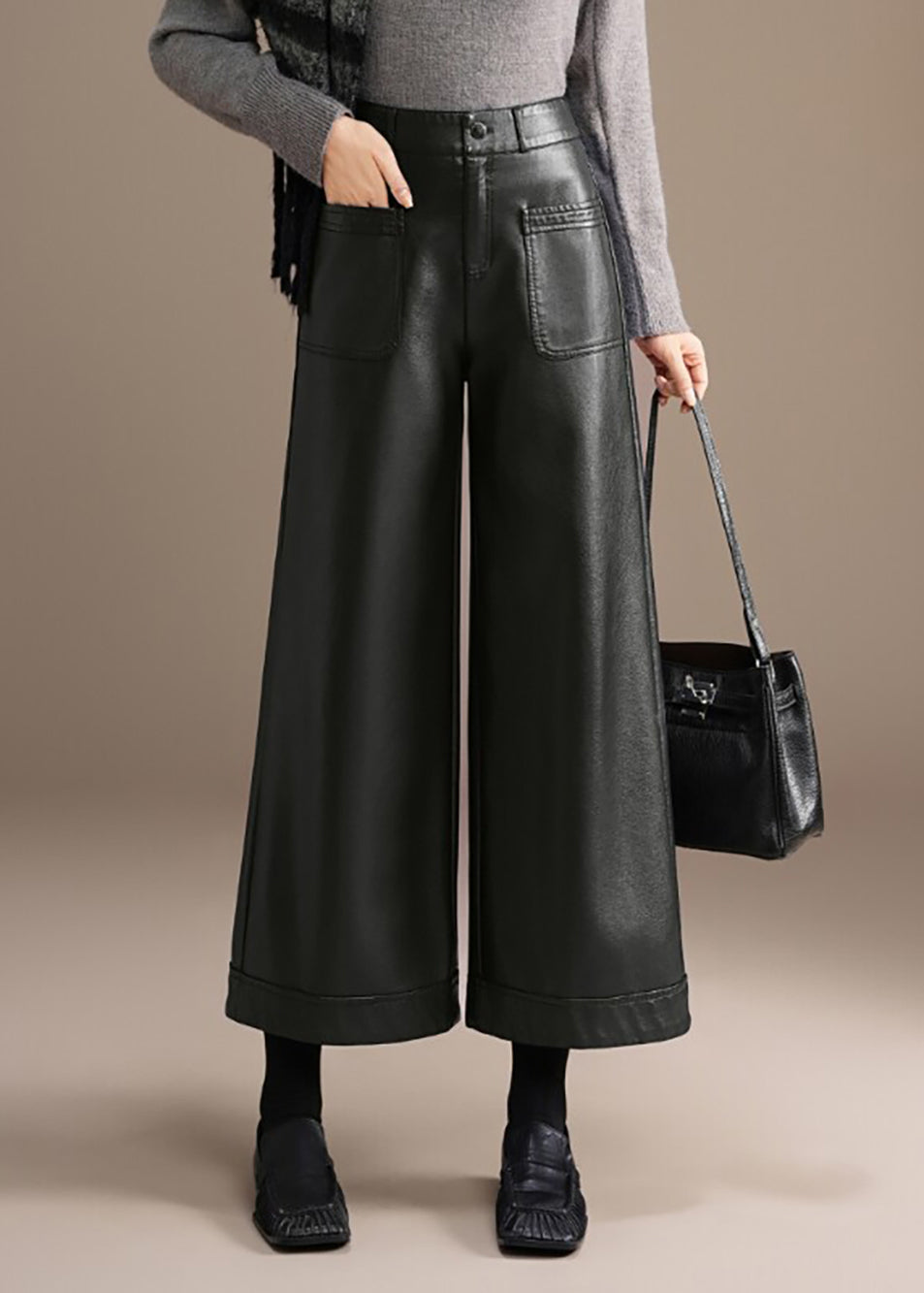 Casual Black Pockets High Waist Faux Leather Wide Leg Crop Pants Fall
