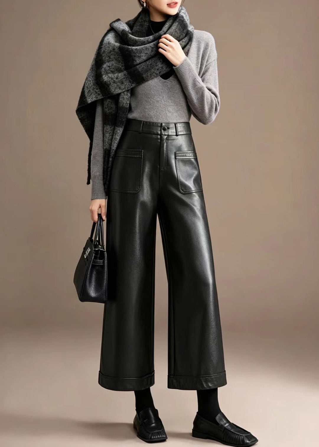 Casual Black Pockets High Waist Faux Leather Wide Leg Crop Pants Fall