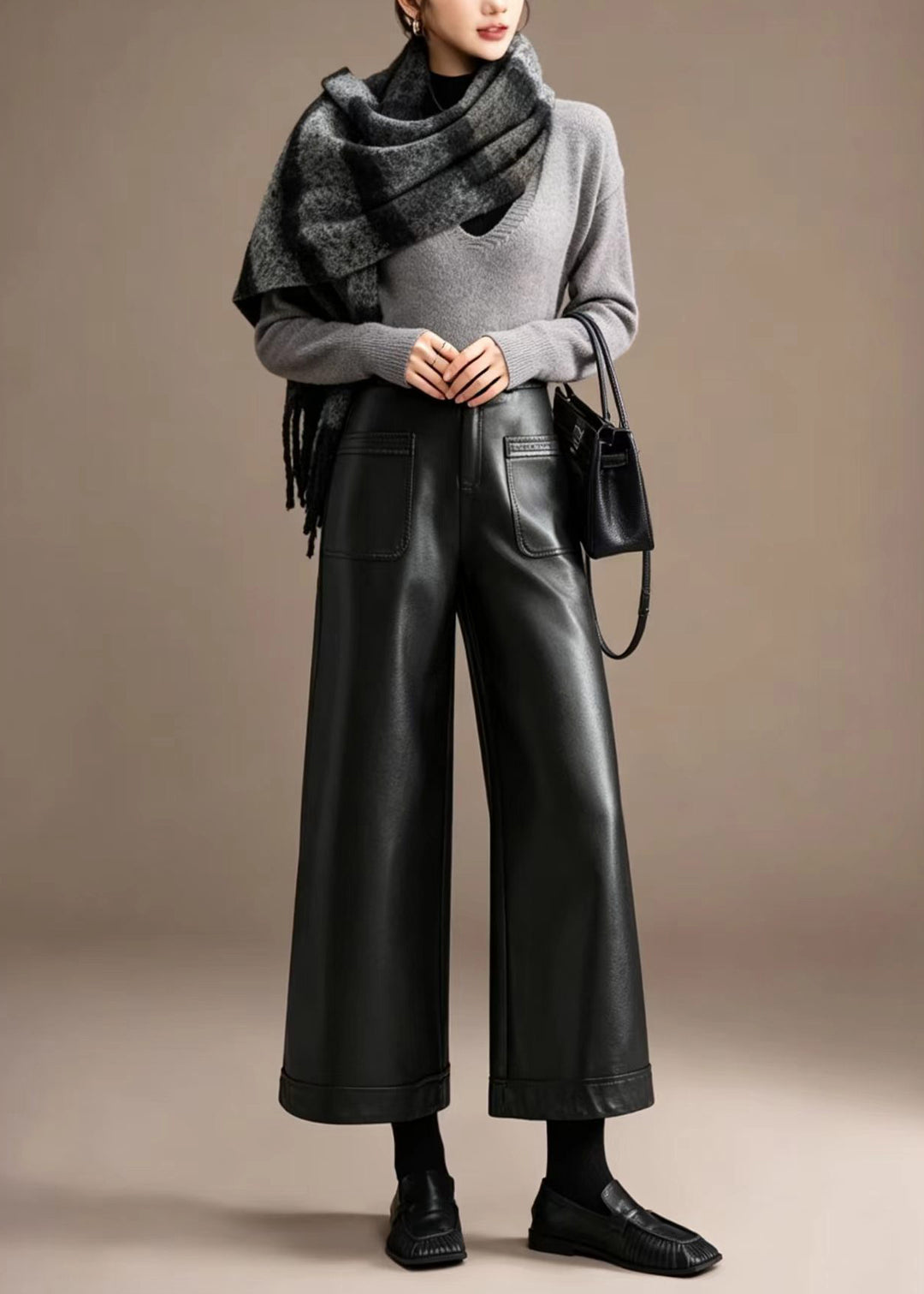 Casual Black Pockets High Waist Faux Leather Wide Leg Crop Pants Fall