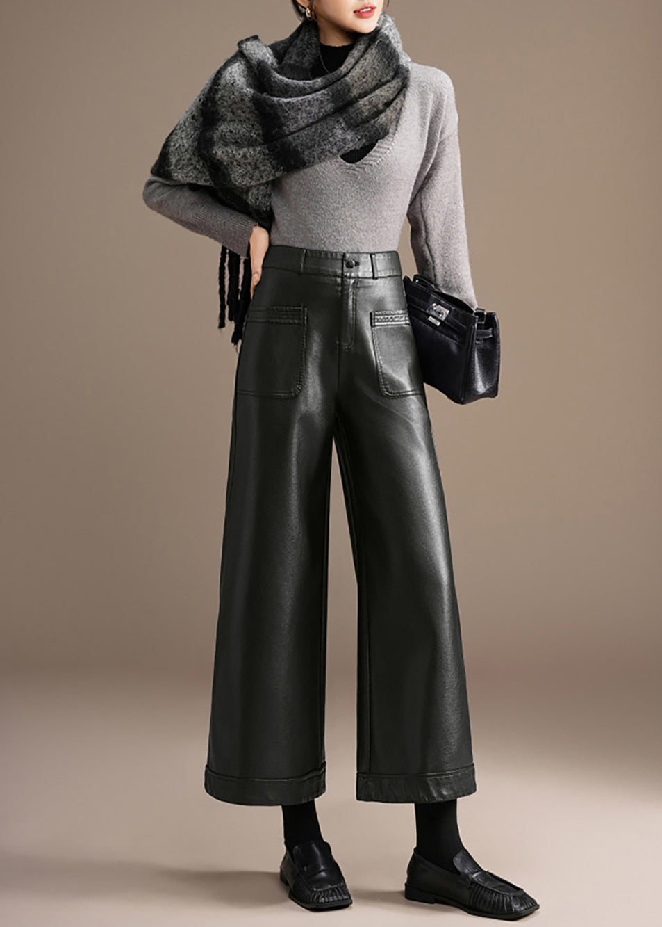 Casual Black Pockets High Waist Faux Leather Wide Leg Crop Pants Fall