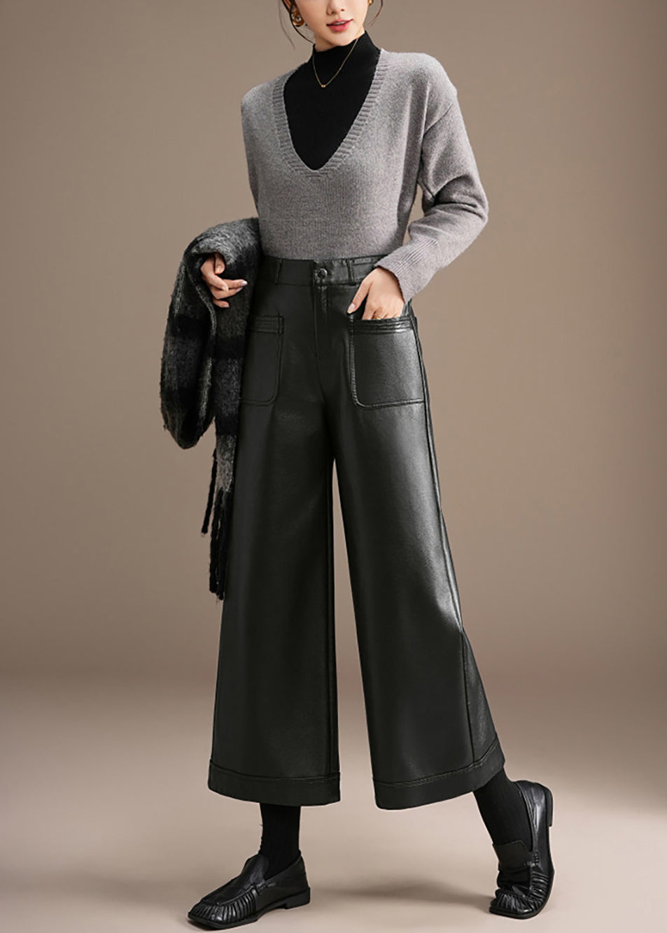 Casual Black Pockets High Waist Faux Leather Wide Leg Crop Pants Fall