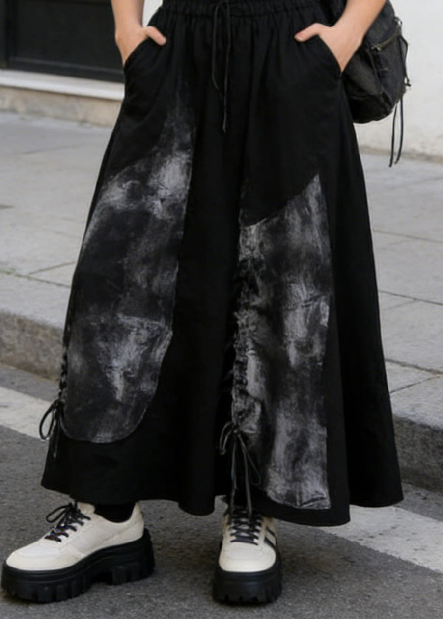 Casual Black Pockets Print Drawstring Cotton Skirt Summer - Omychic