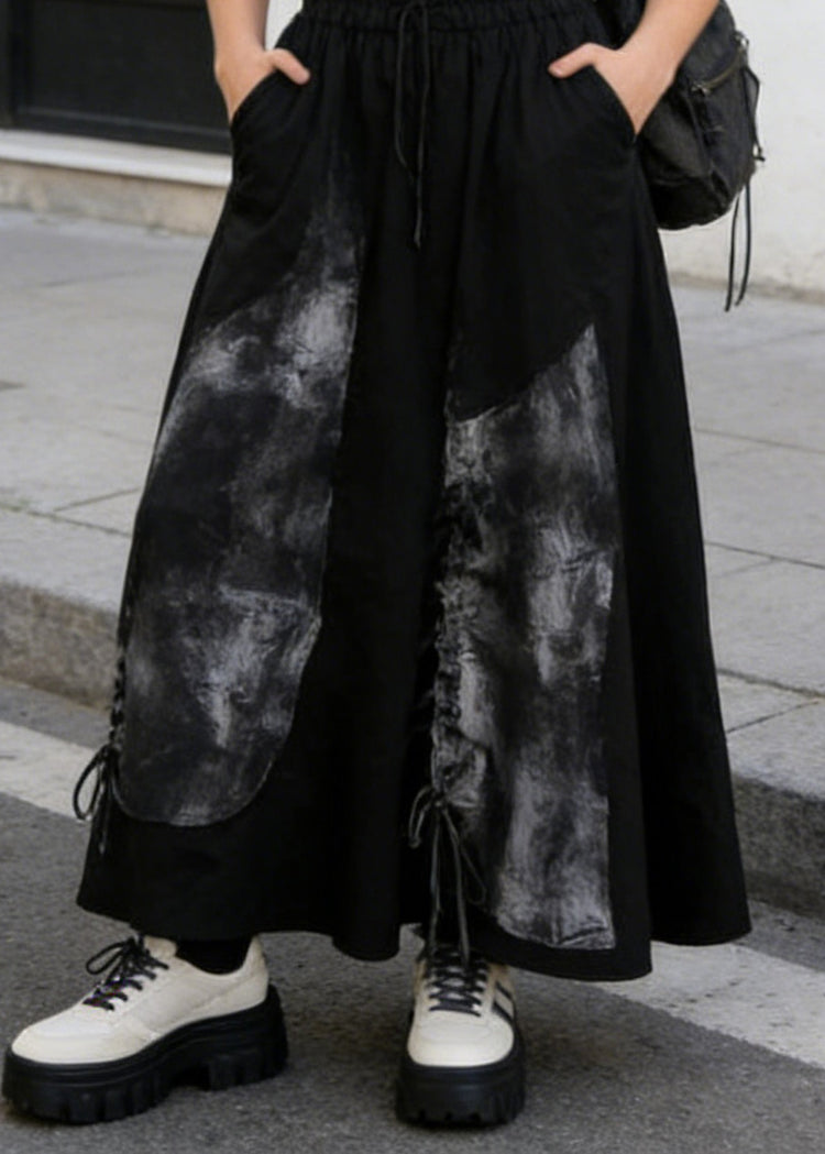 Casual Black Pockets Print Drawstring Cotton Skirt Summer - Omychic