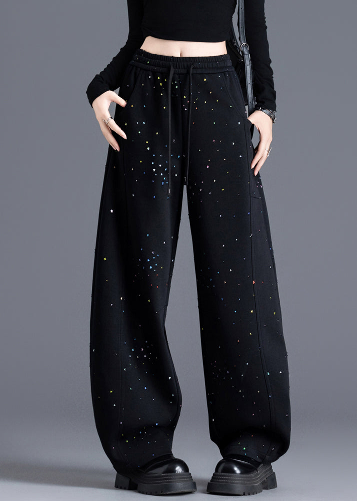 Casual Black Pockets Print Elastic Waist Denim Pants Spring