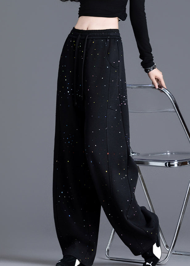 Casual Black Pockets Print Elastic Waist Denim Pants Spring