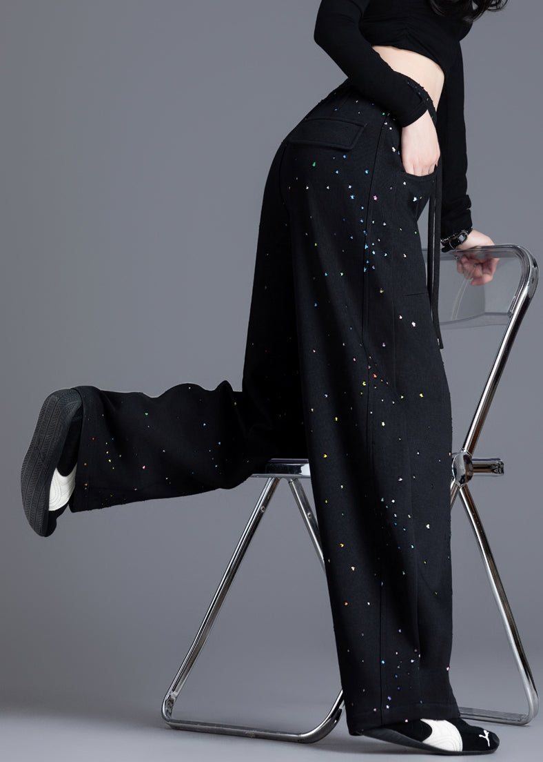 Casual Black Pockets Print Elastic Waist Denim Pants Spring