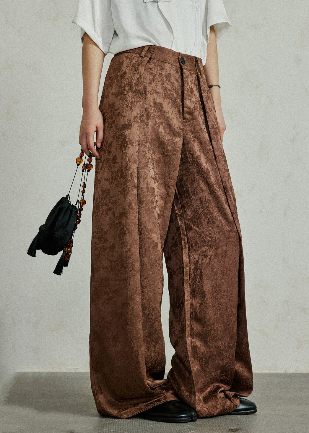 Casual Black Pockets Print High Waist Silk Pants