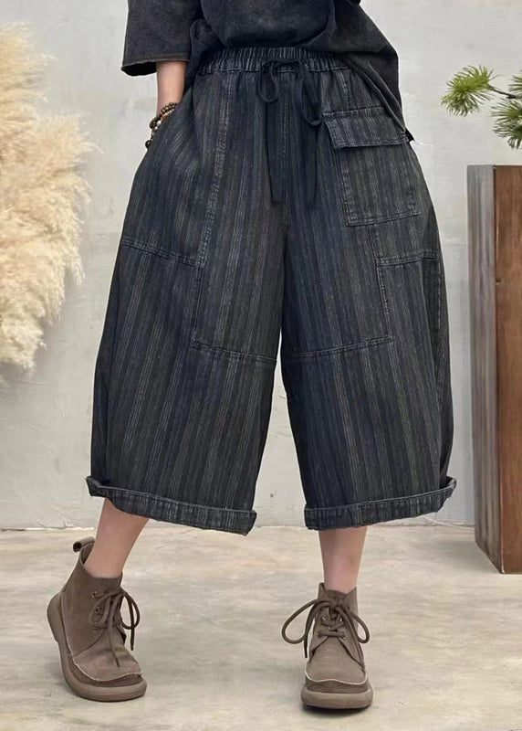 Casual Black Pockets Striped Patchwork Denim Crop Pants Fall