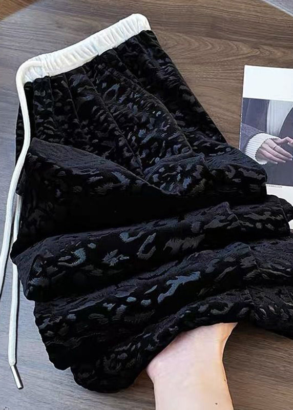 Casual Black Pockets Tie Waist Wide Leg Pants Fall