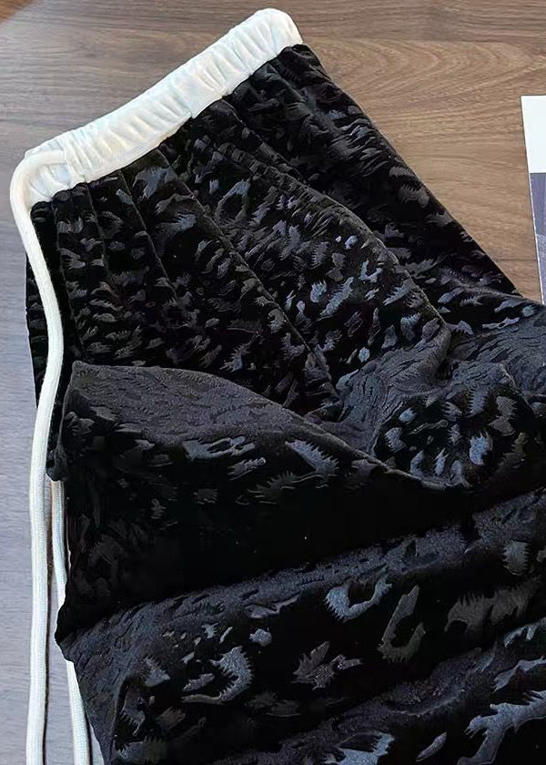 Casual Black Pockets Tie Waist Wide Leg Pants Fall