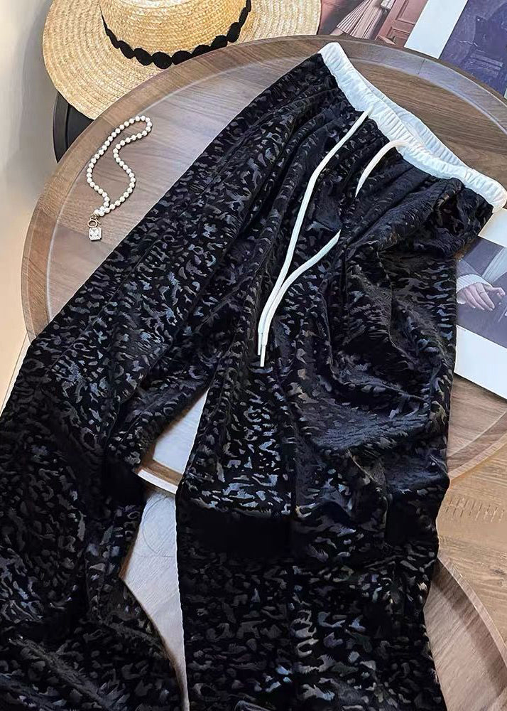 Casual Black Pockets Tie Waist Wide Leg Pants Fall