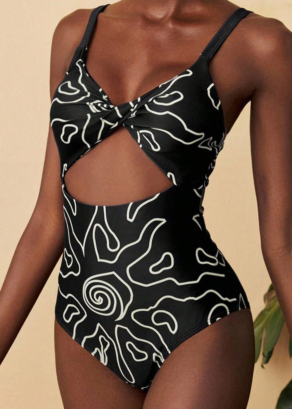 Casual Black Print Hollow Out Bodysuit Swimwear