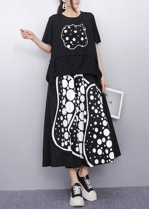 Casual Black Print Patchwork Cotton Two Pieces Set Summer