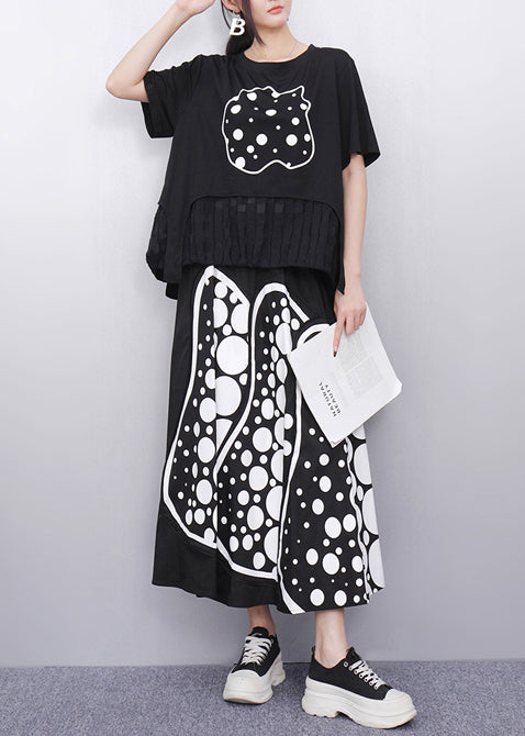 Casual Black Print Patchwork Cotton Two Pieces Set Summer