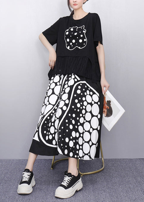 Casual Black Print Patchwork Cotton Two Pieces Set Summer