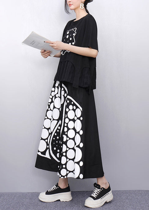 Casual Black Print Patchwork Cotton Two Pieces Set Summer