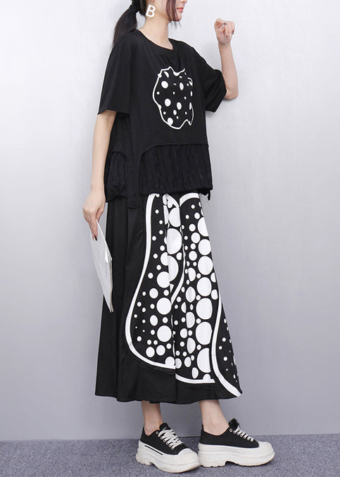 Casual Black Print Patchwork Cotton Two Pieces Set Summer