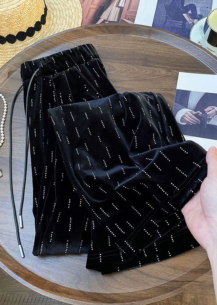 Casual Black Print Wrinkled Elastic Waist Wide Leg Pants Fall