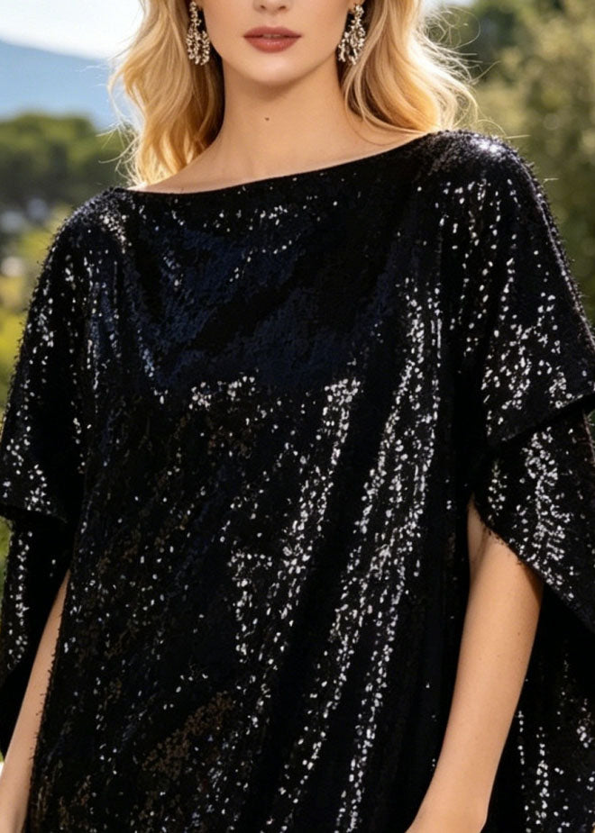 Casual Black Sequins Cotton Tea Dress Batwing Sleeve