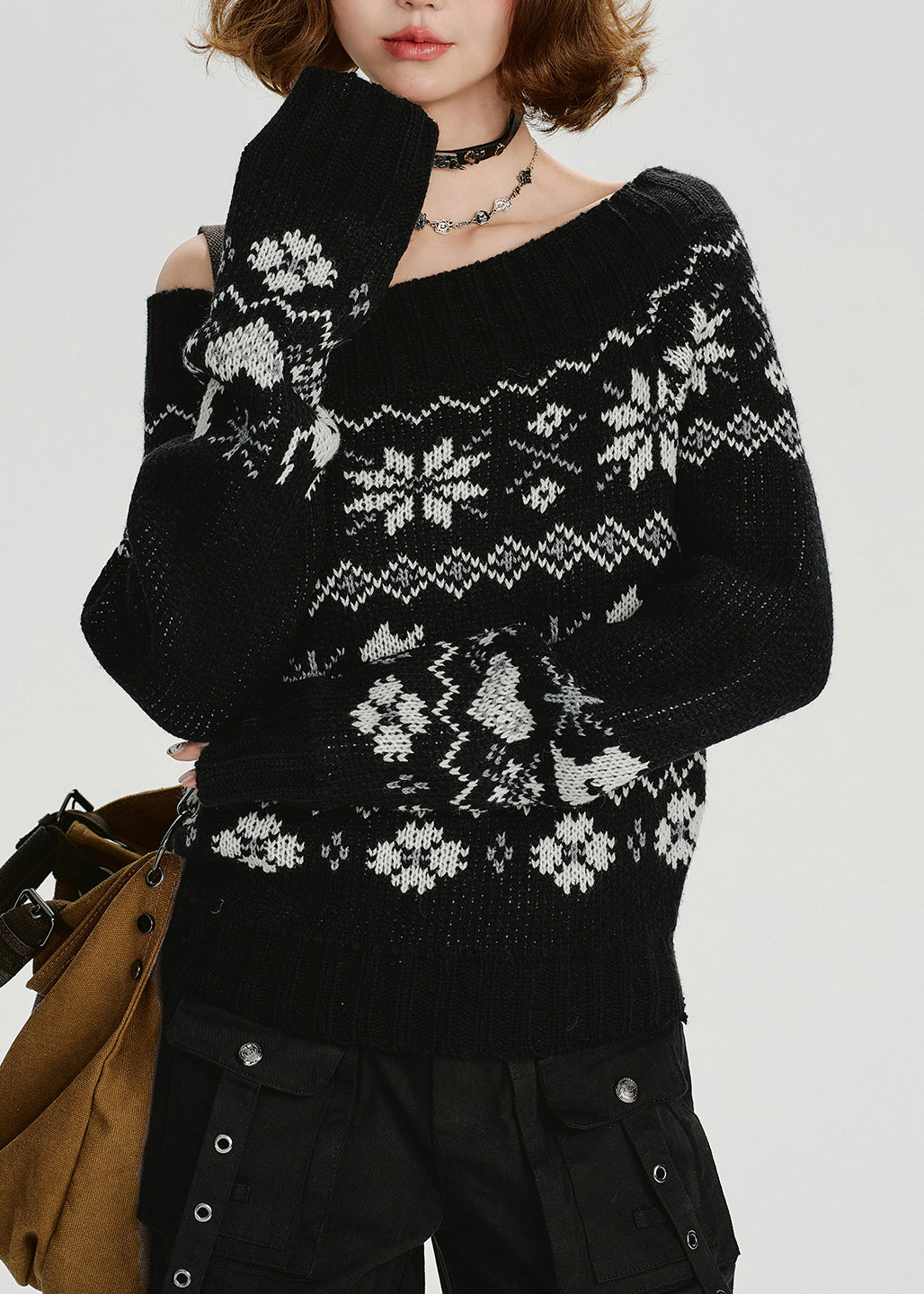 Casual Black Slash Neck Jacquard Knit Sweater Tops Spring