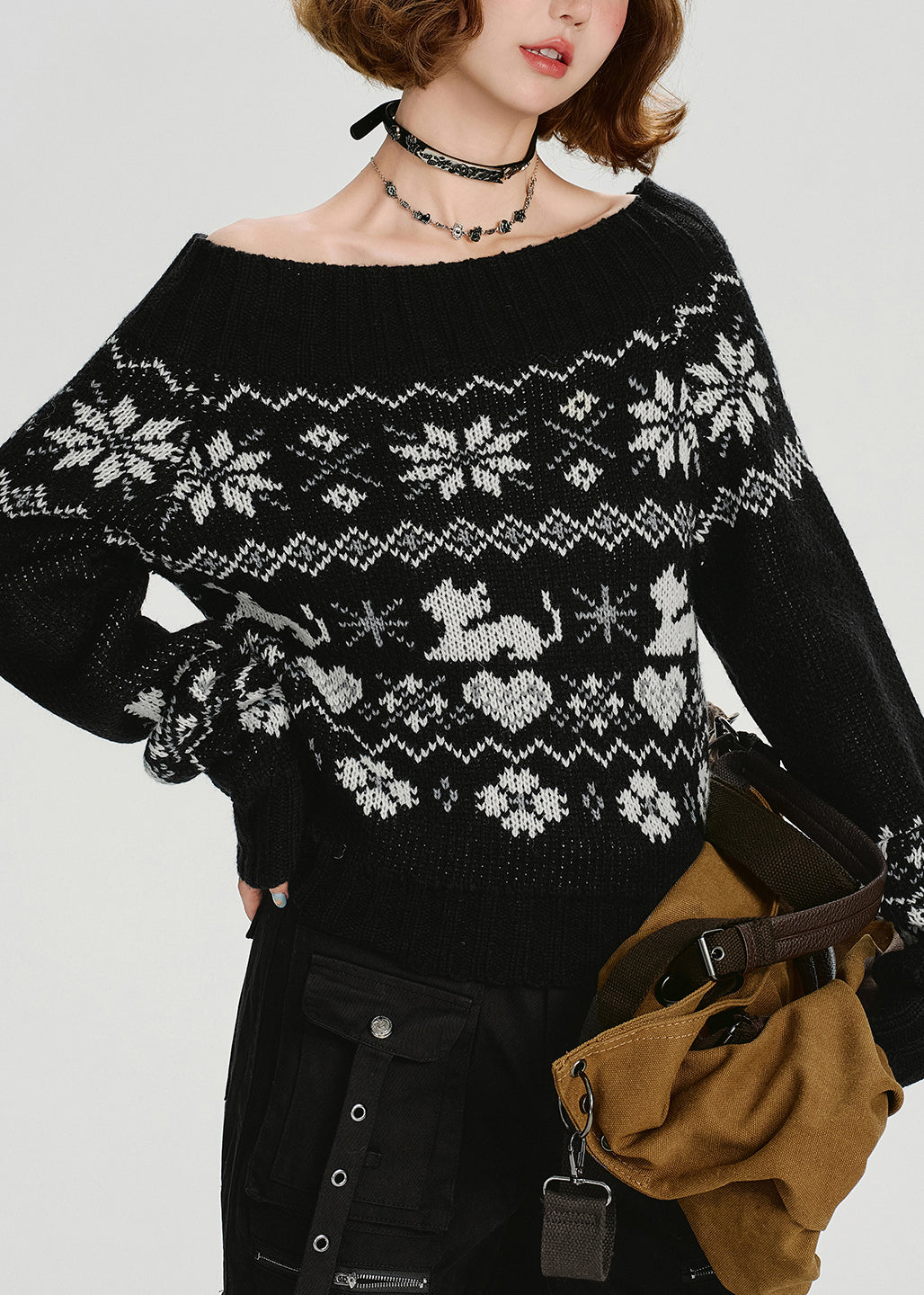 Casual Black Slash Neck Jacquard Knit Sweater Tops Spring