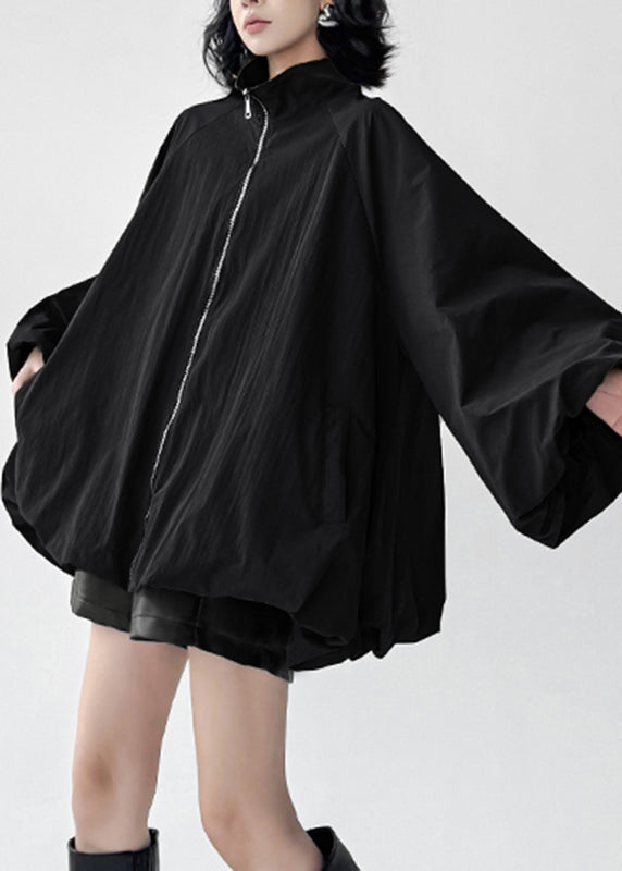 Casual Black Stand Collar Pockets Trench Coats Lantern Sleeve
