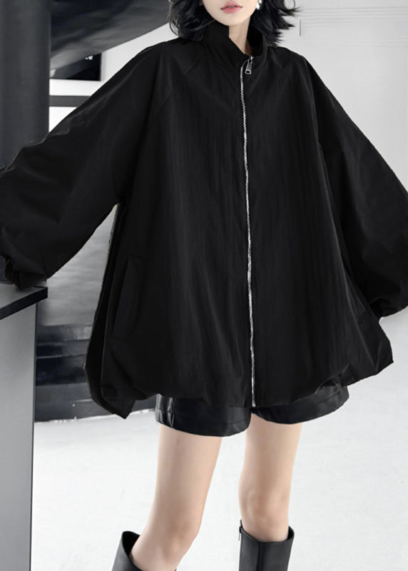 Casual Black Stand Collar Pockets Trench Coats Lantern Sleeve