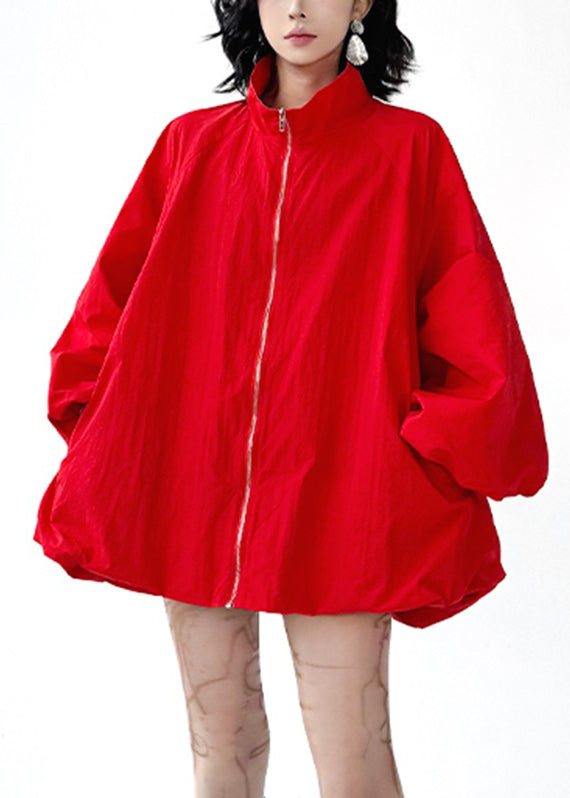 Casual Black Stand Collar Pockets Trench Coats Lantern Sleeve