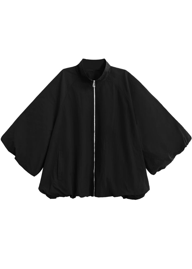 Casual Black Stand Collar Pockets Trench Coats Lantern Sleeve