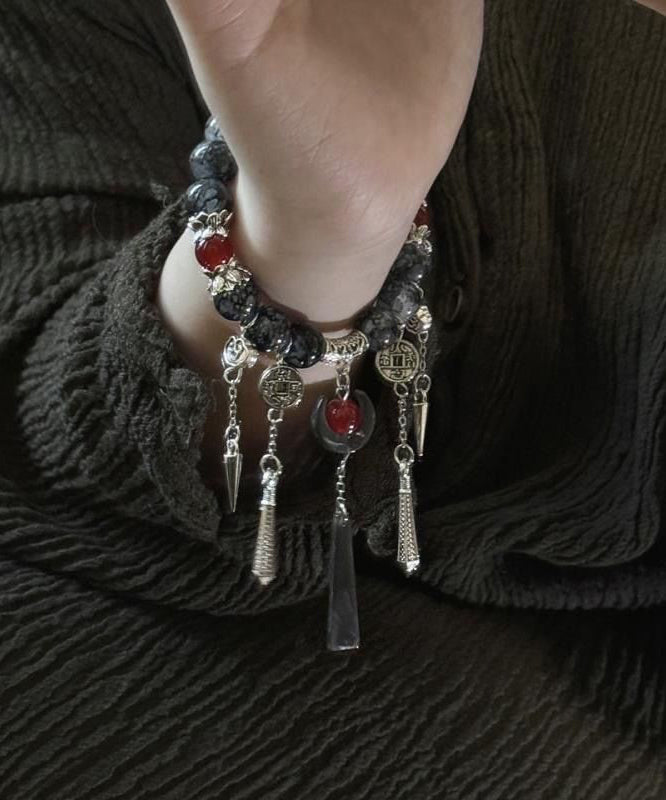 Casual Black Sterling Silver Agate Tassel Charm Bracelet