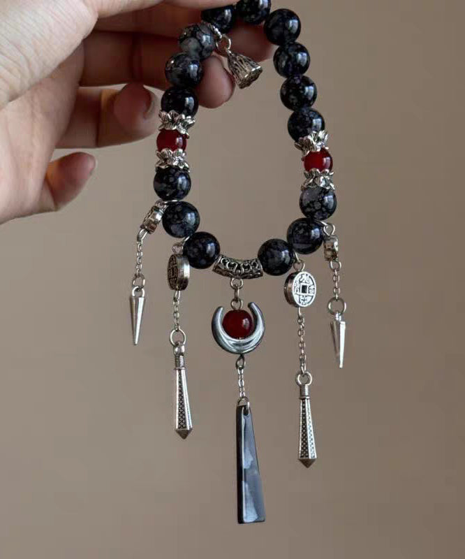 Casual Black Sterling Silver Agate Tassel Charm Bracelet