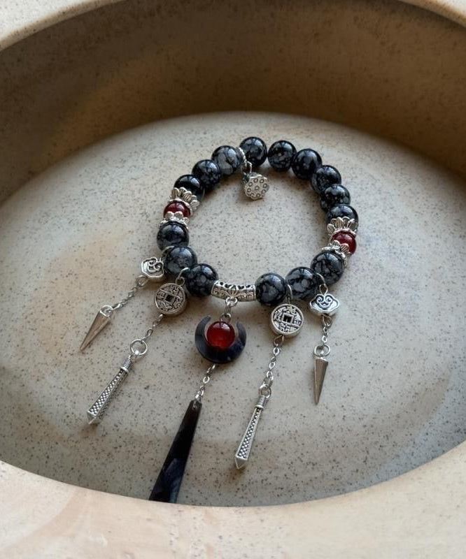 Casual Black Sterling Silver Agate Tassel Charm Bracelet