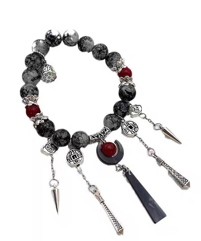 Casual Black Sterling Silver Agate Tassel Charm Bracelet