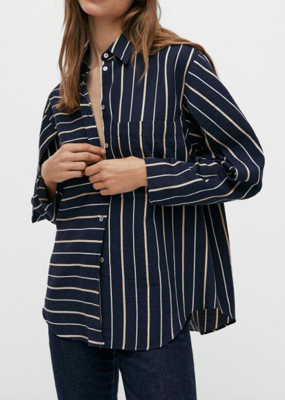 Casual Black Striped Patchwork Low High Design Cotton Shirt Spring