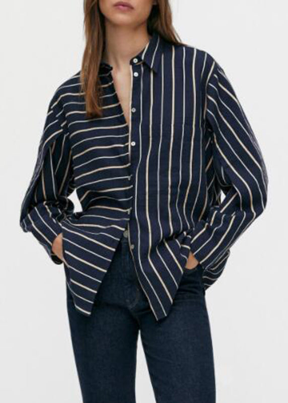 Casual Black Striped Patchwork Low High Design Cotton Shirt Spring