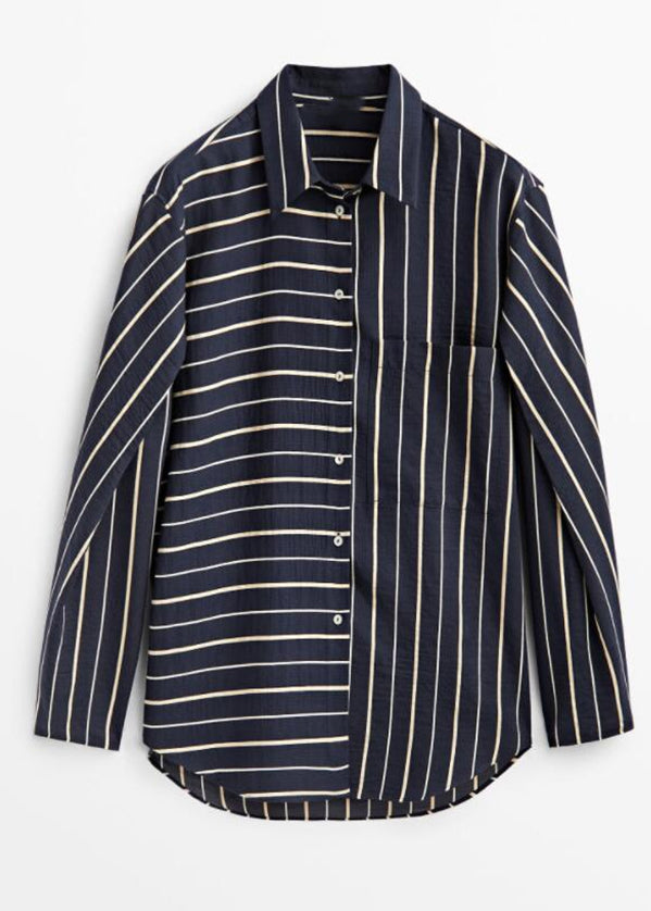 Casual Black Striped Patchwork Low High Design Cotton Shirt Spring