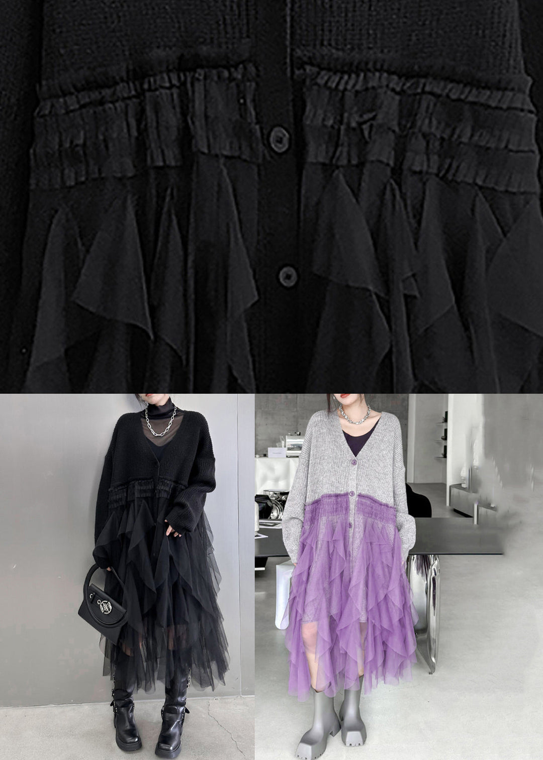 Casual Black Tulle Patchwork Cotton Knit Maxi Sweater Dress Batwing Sleeve