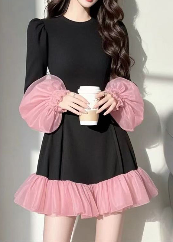 Casual Black Tulle Patchwork Vacation Mid Dresses Puff Sleeve